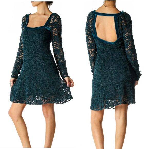 Free People Teal Lace Velvet Trim Long Sleeve Mini Dress M - Picture 1 of 11